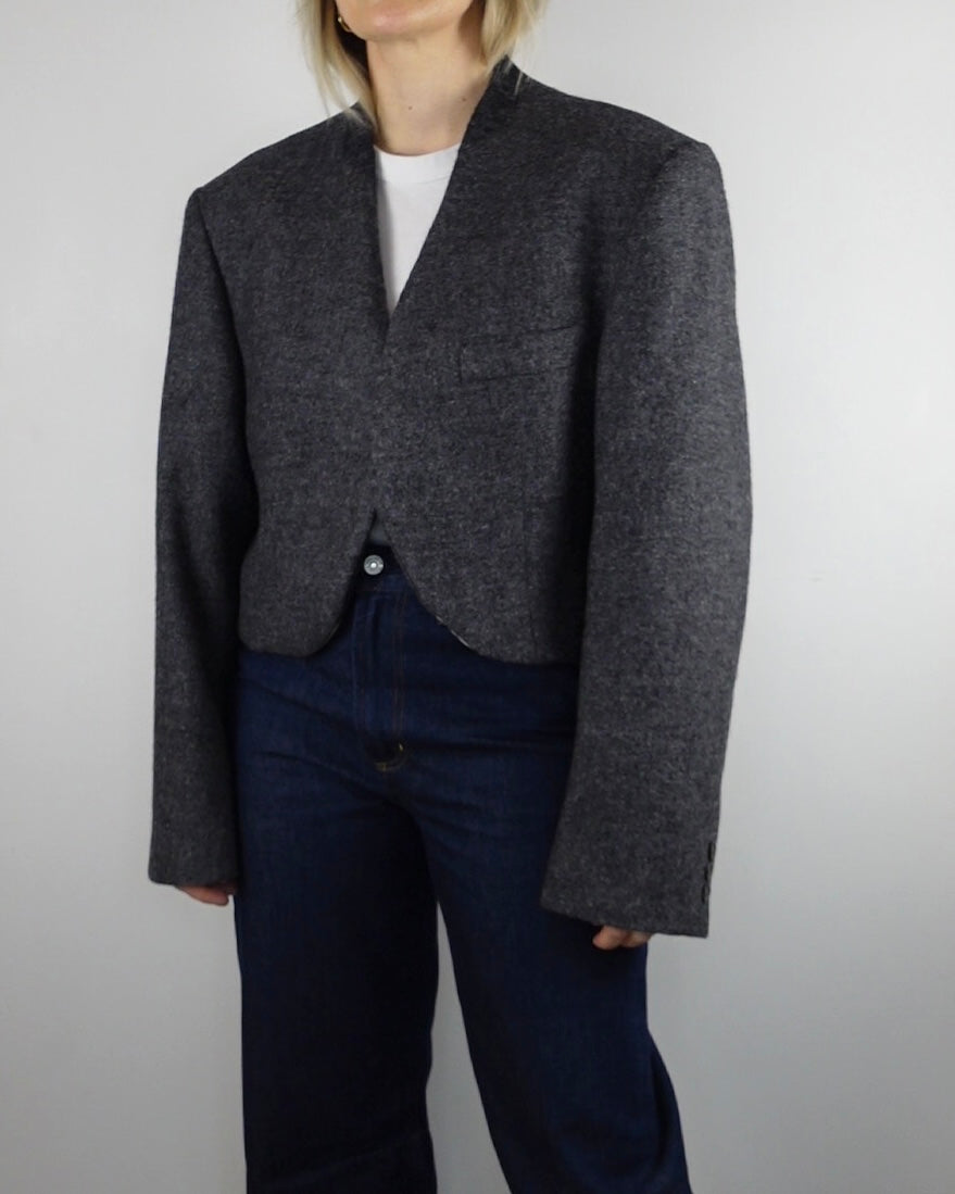 Cropped Minimal Blazer - Grey Boiled Wool