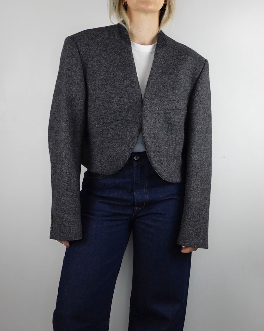 Cropped Minimal Blazer - Grey Boiled Wool